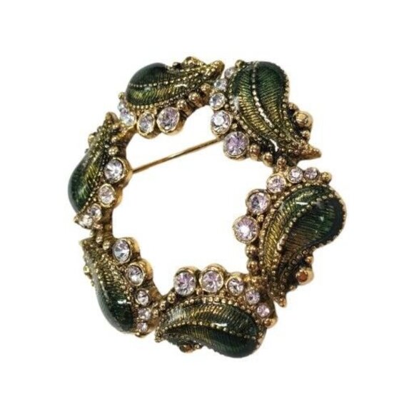Vintage Monet Green Wreath Brooch Rhinestone  Enamel Paisley Circle Gold Tone - Picture 4 of 9